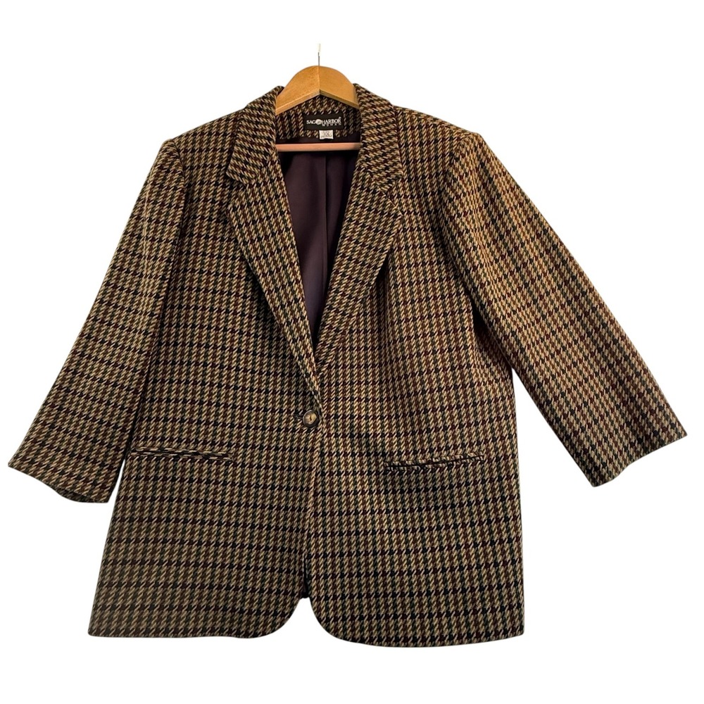Sag Harbor Woman Blazer 18W Brown Houndstooth Wool Blend Long Sleeve Jacket